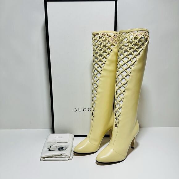 NIB Gucci Lattice Knee-High Boots EU 38.5 US 8.5 Butter Ivory Cutout Leather - Picture 5 of 15